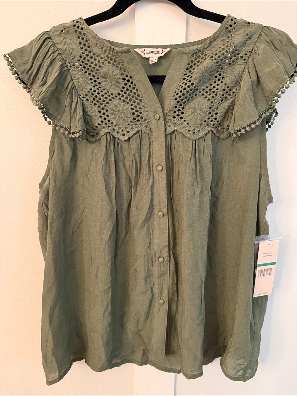 Prairie Sage Flutter Ruffle Sleeve Boho Nanette Lapore top Large .. cottage core